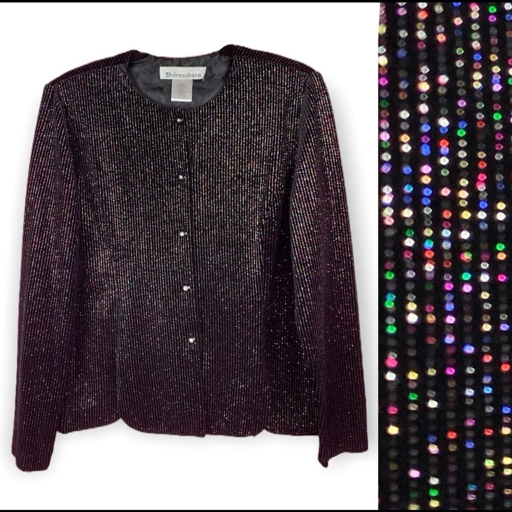 Vintage 80s Velvet Glitter Pinstripe Black Blazer Party Holiday Jacket Size L
